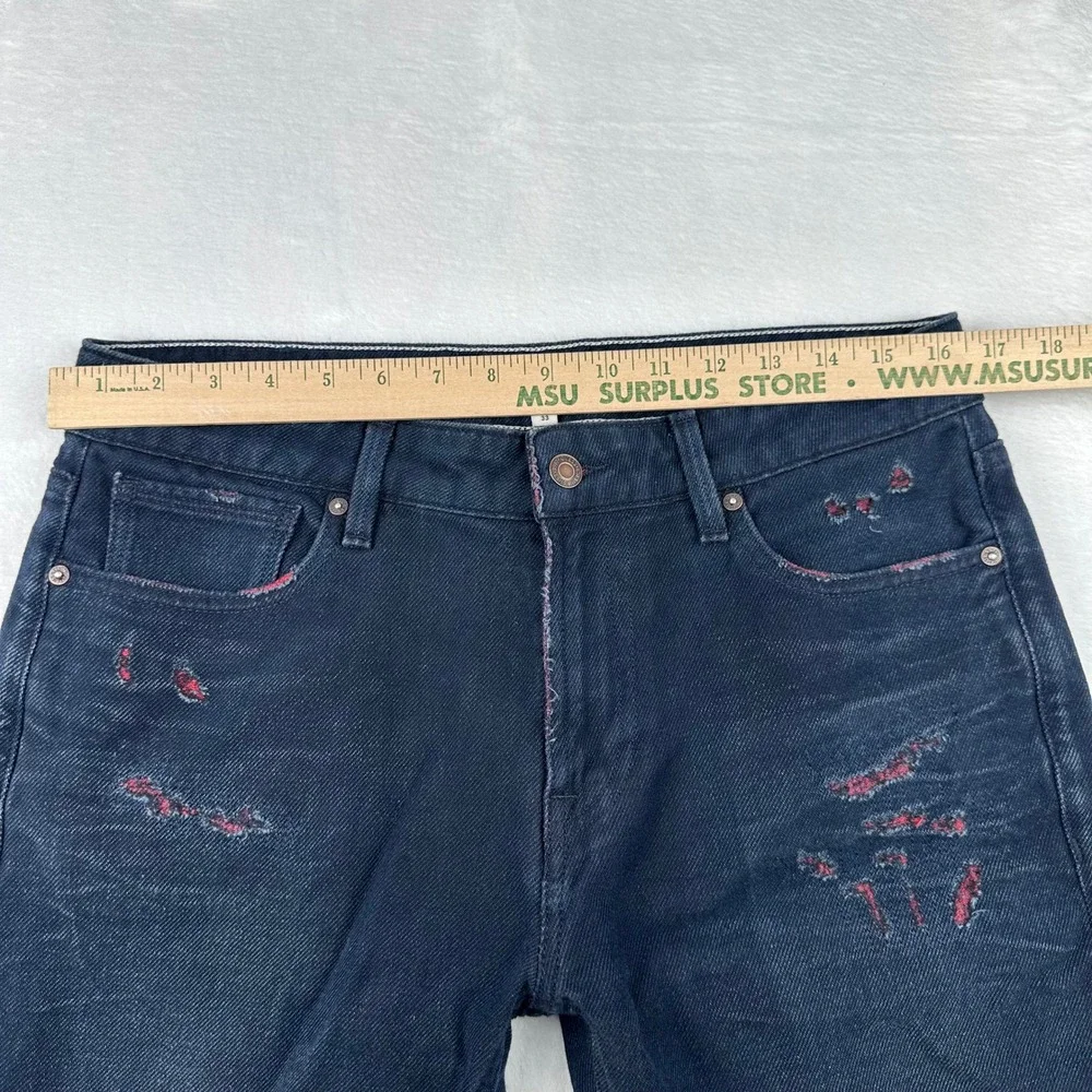 Guess Slim Angels Mens 33x32 Dark Wash Distressed Rip Repair Red Lining Jeans